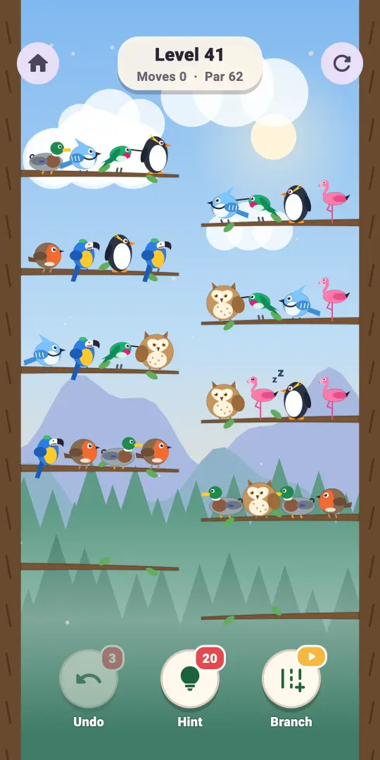 Gameplay: birds sorted on branches in the Canopy Kingdom
